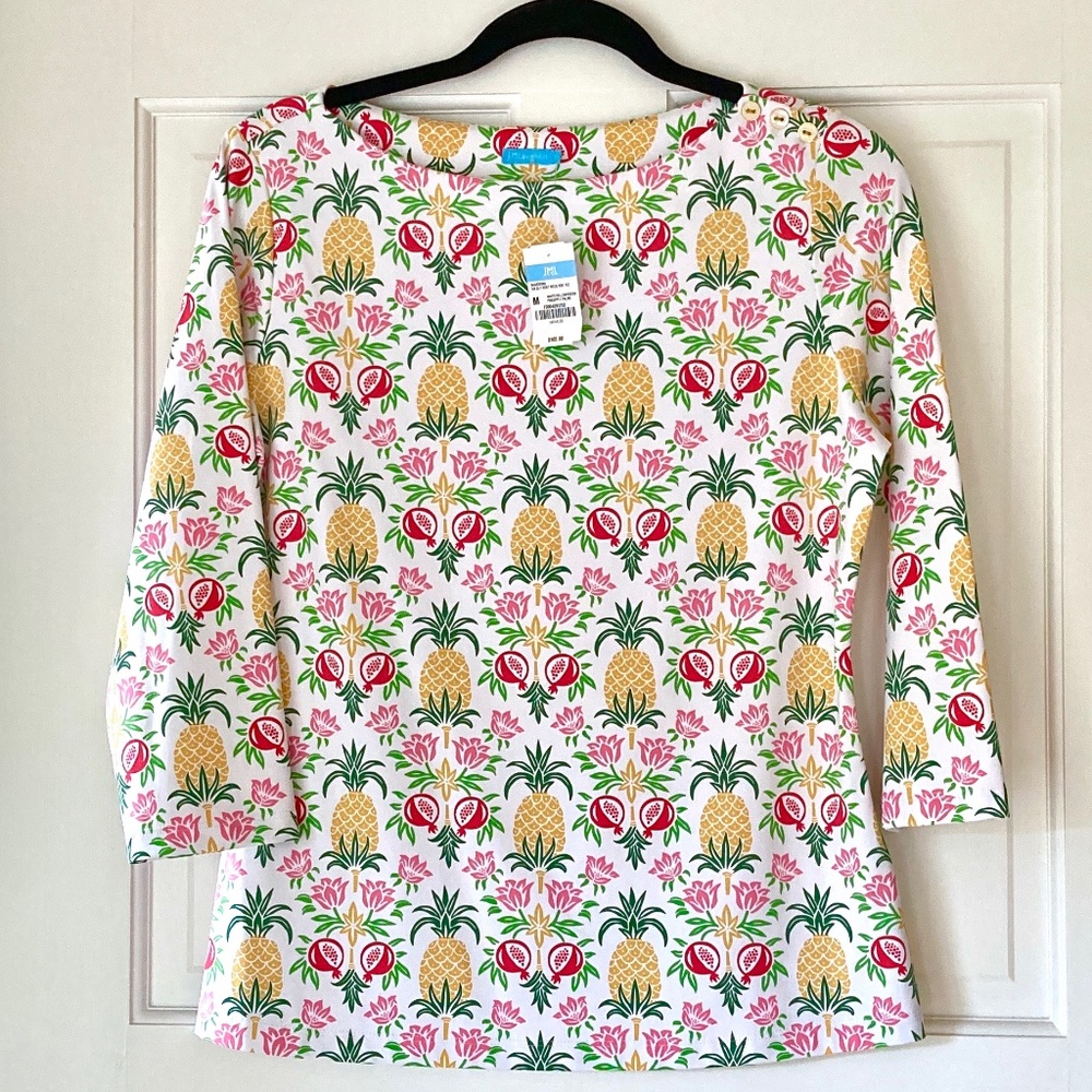NWT J. McLaughlin Wavesong Tee M Catalina Cloth Pineapple Palms 3/4 Slv Boatneck